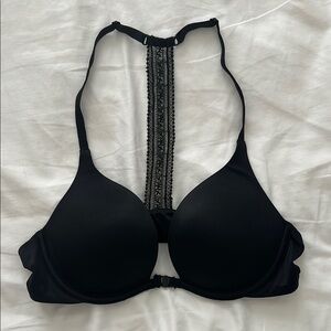 Victoria Secret Black Bra, 34B, Racerback, Lace detail, front clasp